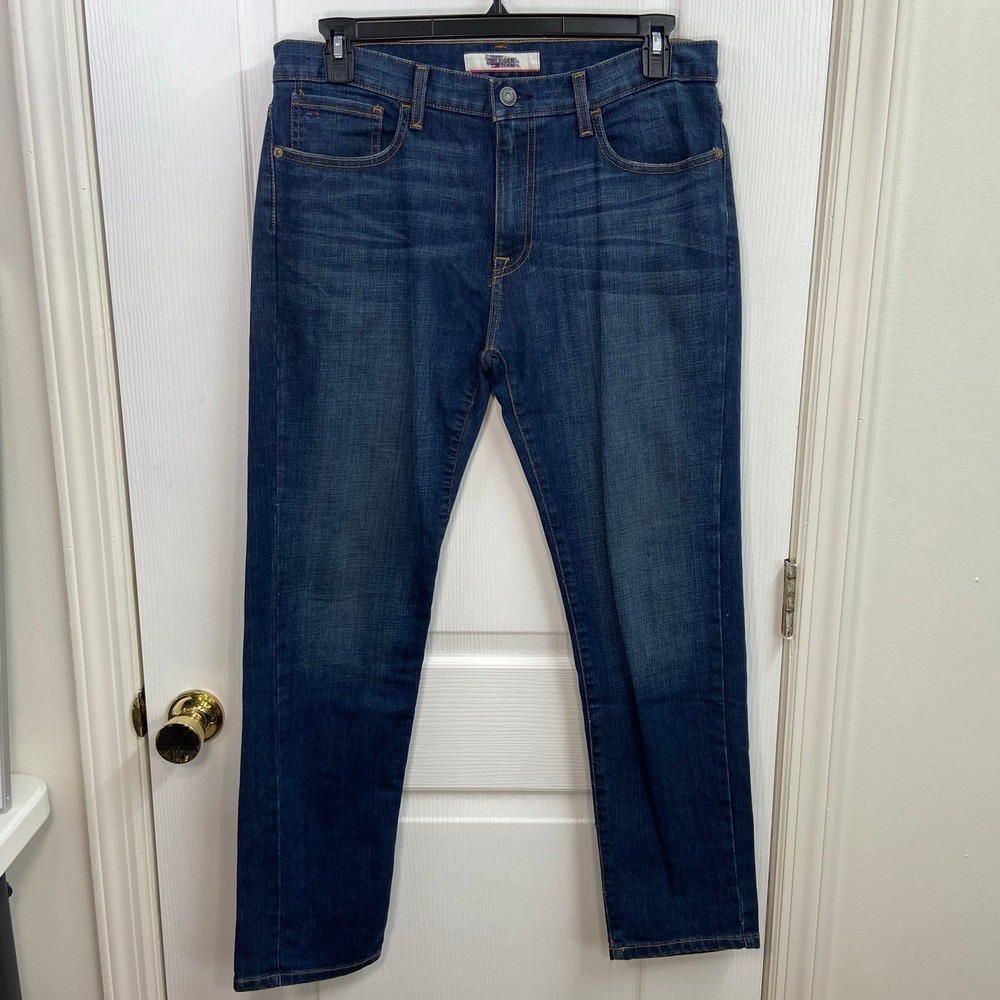 Tommy Hilfiger dark medium wash blue denim cotton stretch slim straight jeans 34